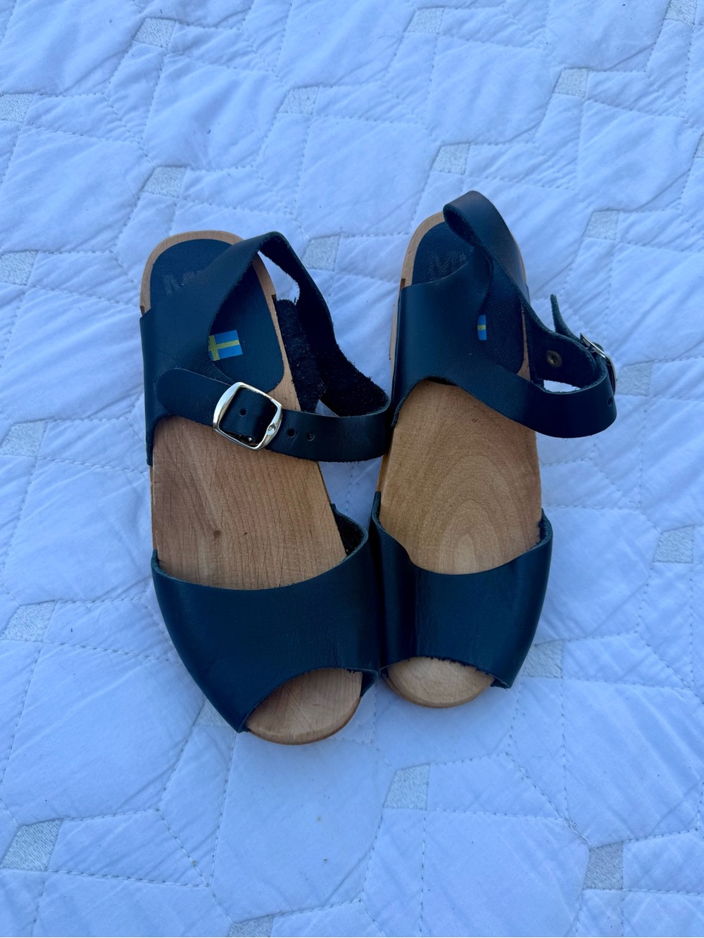 MIA Black Leather Wooden Footbed Sandals